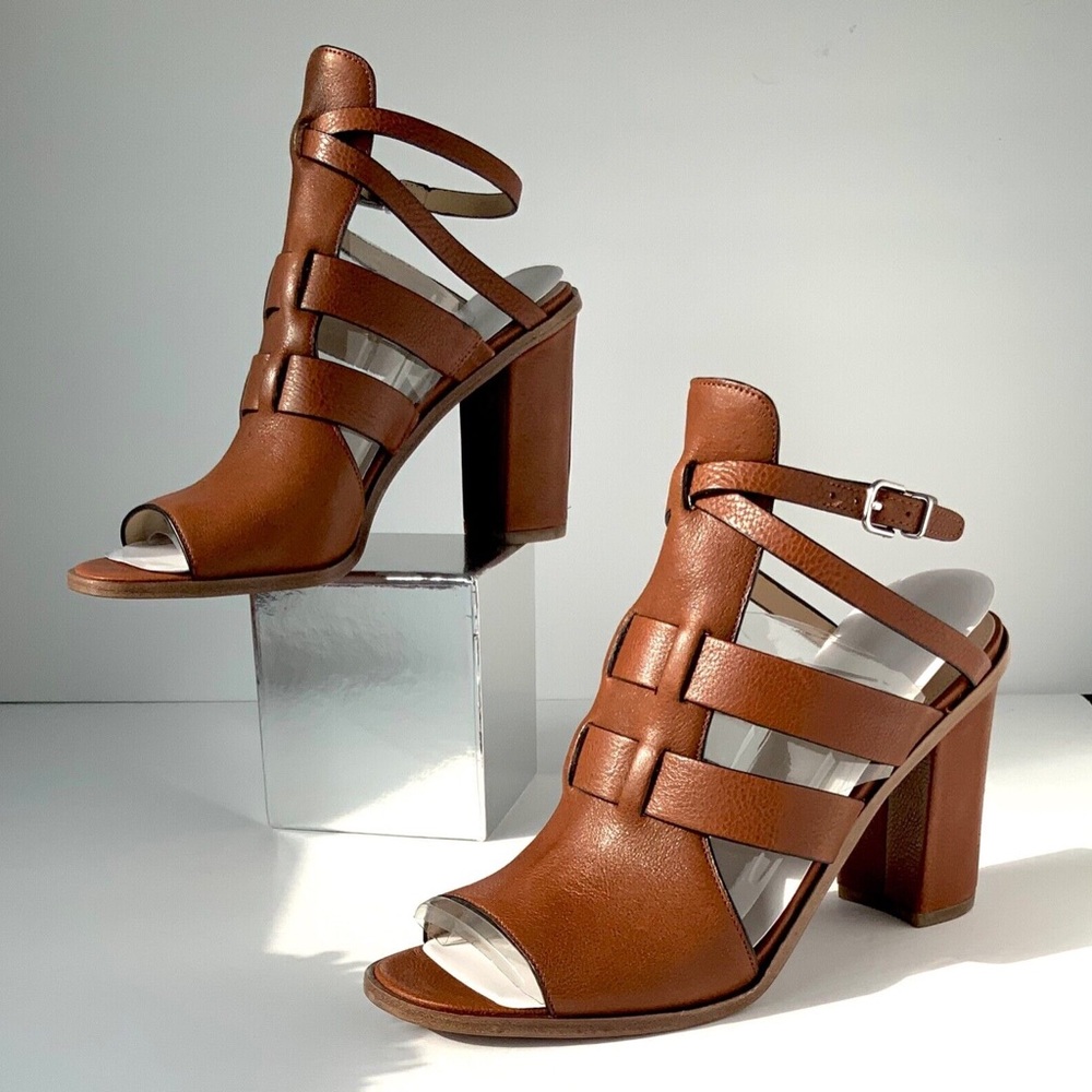 Via Spiga Brandina Open Toe Brown Leather Stacked Heel Sandals Size 9 / EU 40